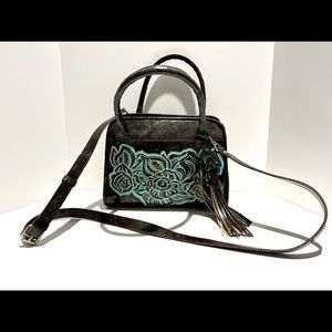 Patricia Nash Small Paris Satchel Tooled Turquoise Brown Leather NWT $199.